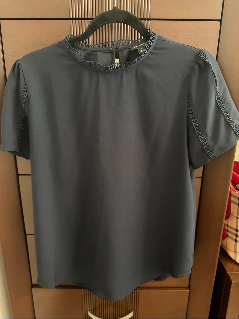 Ann Taylor Navy Short-Sleeve Blouse with Loop-Trim Neckline